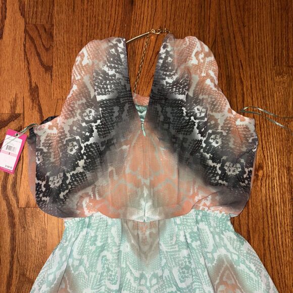 VINCE CAMUTO NWT S6 Womens Maxi Dress Snakeskin Print Green Orange Metal Neck - Picture 3 of 7